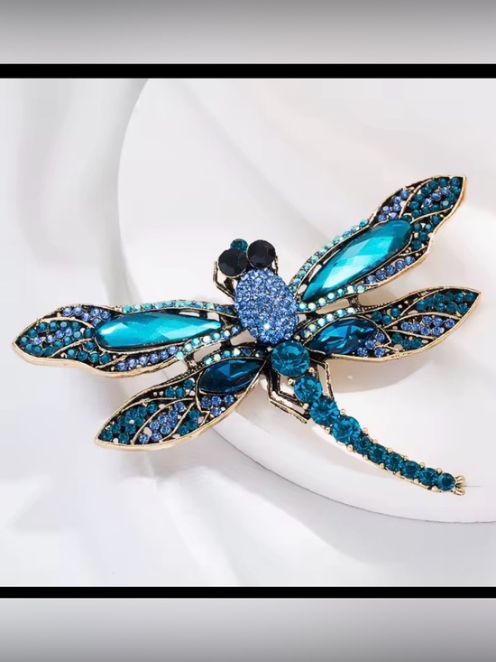 Jewelry - Large Blue Dragonfly Brooch - Rhinestone and Crystal and Gold Tones (ABBA)